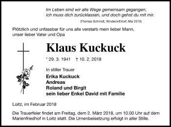 Traueranzeige von Klaus Kuckuck von Vorpommern Kurier