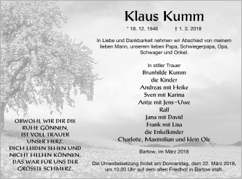 Traueranzeige von Klaus Kumm von Vorpommern Kurier