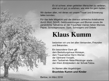 Traueranzeige von Klaus Kumm von Vorpommern Kurier