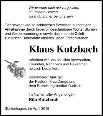 Traueranzeige von Klaus Kutzbach von Mecklenburger Schweiz