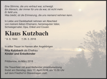 Traueranzeige von Klaus Kutzbach von Mecklenburger Schweiz