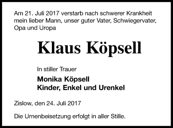 Traueranzeige von Klaus Köpsell von Müritz-Zeitung