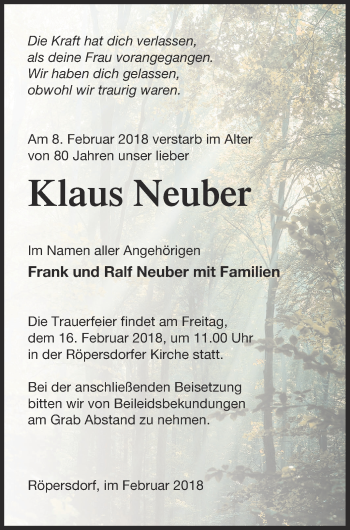 Traueranzeige von Klaus Neuber von Prenzlauer Zeitung