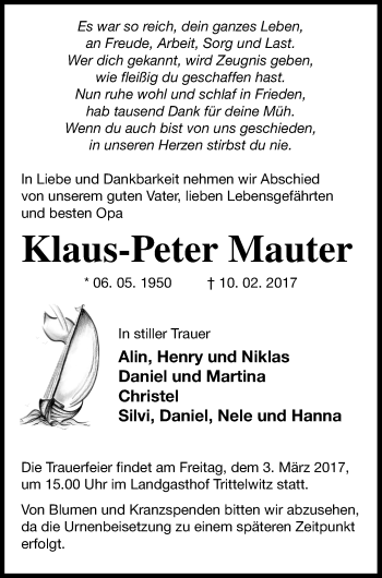 Traueranzeige von Klaus-Peter Mauter von Demminer Zeitung