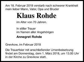 Traueranzeige von Klaus Rohde von Neubrandenburger Zeitung