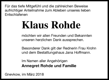 Traueranzeige von Klaus Rohde von Neubrandenburger Zeitung