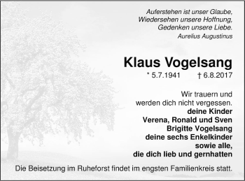 Traueranzeige von Klaus Vogelsang von Vorpommern Kurier