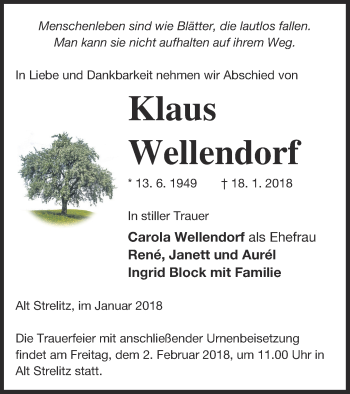 Traueranzeige von Klaus Wellendorf von Strelitzer Zeitung