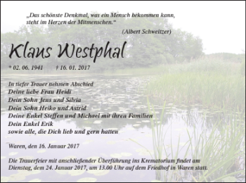 Traueranzeige von Klaus Westphal von Müritz-Zeitung