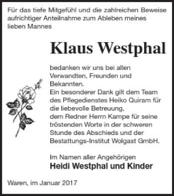 Traueranzeige von Klaus Westphal von Müritz-Zeitung