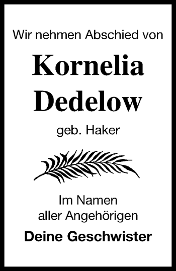 Traueranzeige von Kornelia Dedelow von Demminer Zeitung