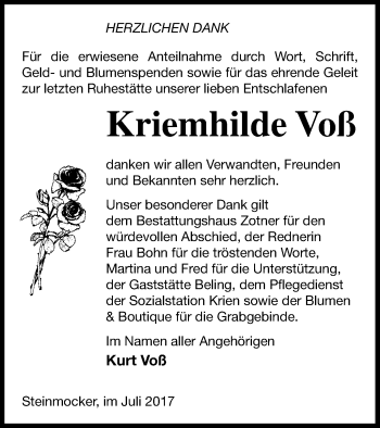 Traueranzeige von Kriemhilde Voß von Vorpommern Kurier