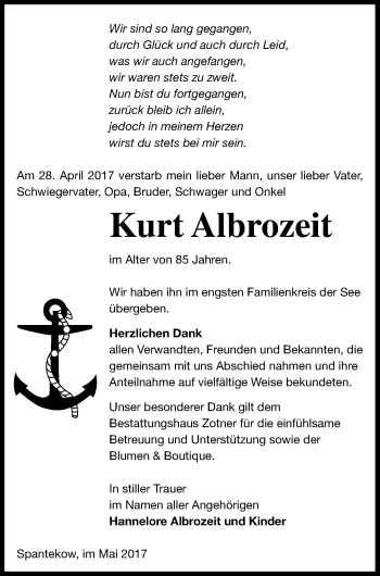 Traueranzeige von Kurt Albrozeit von Vorpommern Kurier