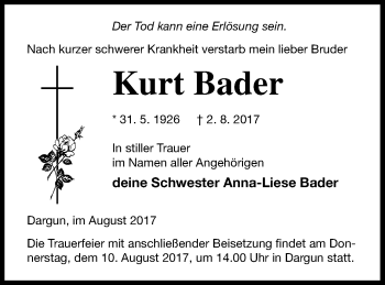 Traueranzeige von Kurt Bader von Demminer Zeitung