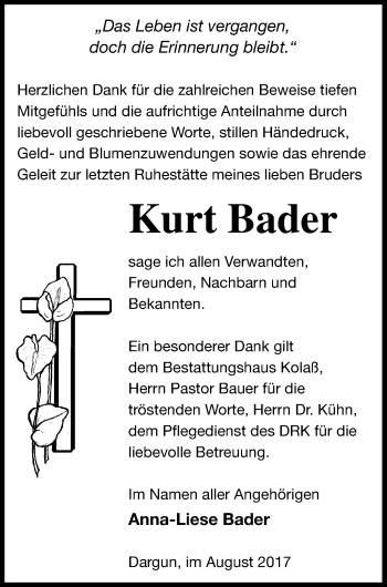 Traueranzeige von Kurt Bader von Mecklenburger Schweiz