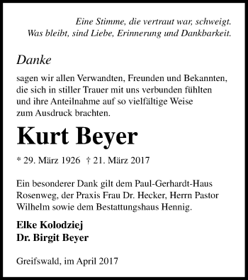 Traueranzeige von Kurt Beyer von Neubrandenburger Zeitung