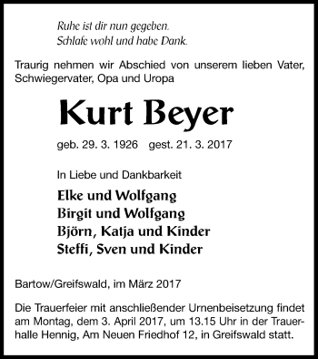 Traueranzeige von Kurt Beyer von Demminer Zeitung