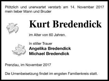 Traueranzeige von Kurt Bredendick von Prenzlauer Zeitung