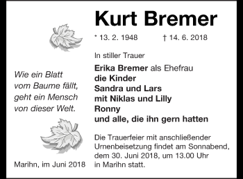 Traueranzeige von Kurt Bremer von Müritz-Zeitung