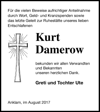 Traueranzeige von Kurt Damerow von Vorpommern Kurier