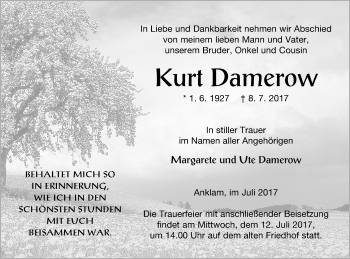 Traueranzeige von Kurt Damerow von Vorpommern Kurier