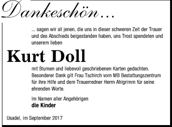 Traueranzeige von Kurt Doll von Neubrandenburger Zeitung