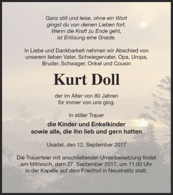 Traueranzeige von Kurt Doll von Neubrandenburger Zeitung