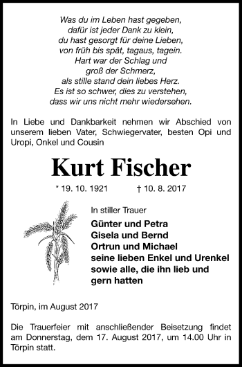 Traueranzeige von Kurt Fischer von Demminer Zeitung