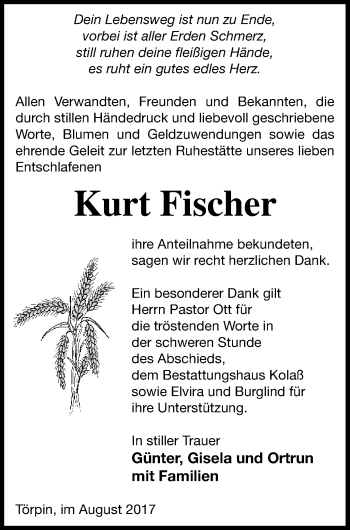 Traueranzeige von Kurt Fischer von Demminer Zeitung