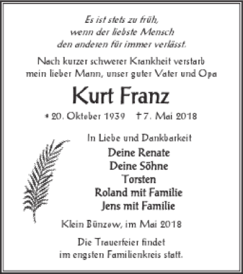 Traueranzeige von Kurt Franz von Vorpommern Kurier