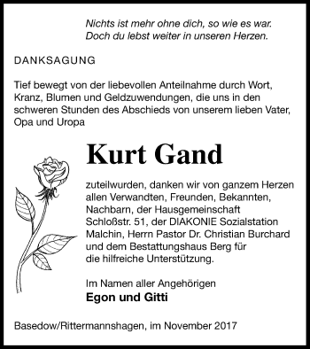 Traueranzeige von Kurt Gand von Mecklenburger Schweiz