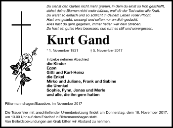 Traueranzeige von Kurt Gand von Mecklenburger Schweiz