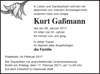 Traueranzeige von Kurt Gaßmann von Pasewalker Zeitung