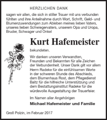 Traueranzeige von Kurt Hafemeister von Vorpommern Kurier