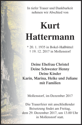 Traueranzeige von Kurt Hattermann von Müritz-Zeitung