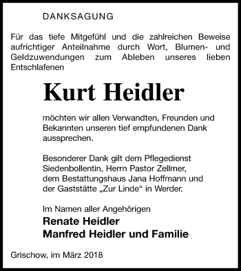 Traueranzeige von Kurt Heidler von Neubrandenburger Zeitung