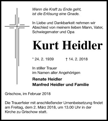 Traueranzeige von Kurt Heidler von Neubrandenburger Zeitung