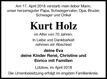 Traueranzeige von Kurt Holz von Prenzlauer Zeitung