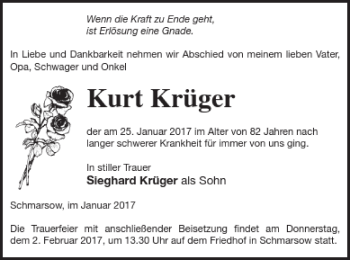 Traueranzeige von Kurt Krüger von Vorpommern Kurier