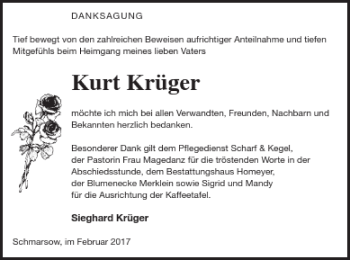 Traueranzeige von Kurt Krüger von Vorpommern Kurier