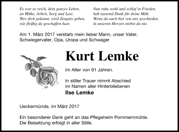 Traueranzeige von Kurt Lemke von Haff-Zeitung