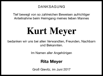 Traueranzeige von Kurt Meyer von Müritz-Zeitung