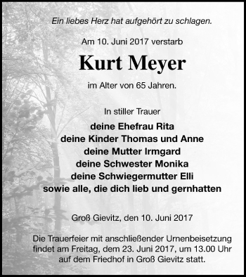 Traueranzeige von Kurt Meyer von Müritz-Zeitung