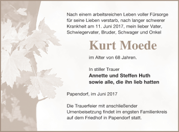 Traueranzeige von Kurt Moede von Pasewalker Zeitung