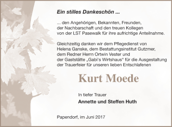 Traueranzeige von Kurt Moede von Pasewalker Zeitung