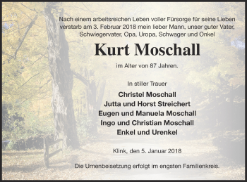 Traueranzeige von Kurt Moschall von Müritz-Zeitung