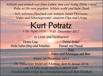 Traueranzeige von Kurt Potratz von Vorpommern Kurier