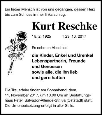 Traueranzeige von Kurt Reschke von Neubrandenburger Zeitung