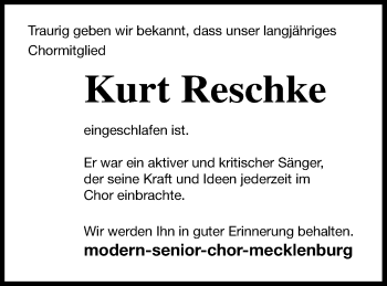 Traueranzeige von Kurt Reschke von Neubrandenburger Zeitung