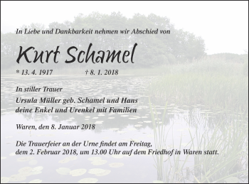 Traueranzeige von Kurt Schamel von Müritz-Zeitung